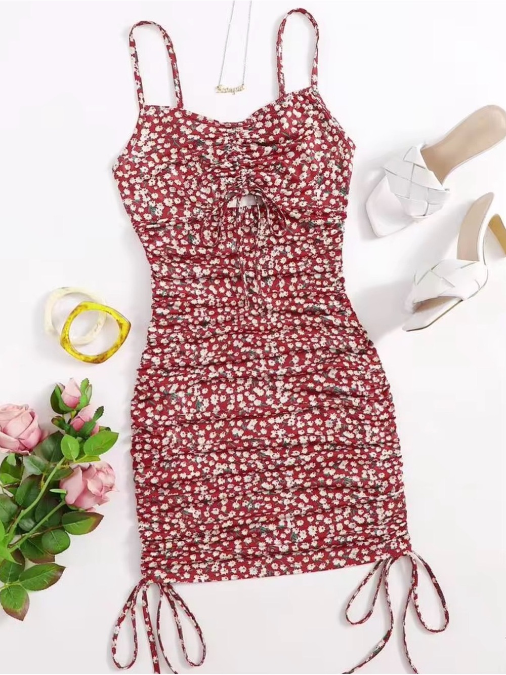 Ruched Floral Tie-Front Mini Sun Dress in Red
